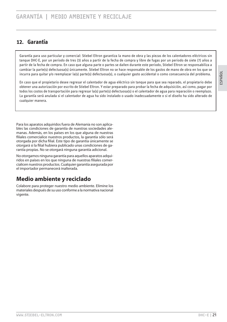 Garantía | medio ambiente y reciclaje, Medio ambiente y reciclado, Garantía | STIEBEL ELTRON DHC-E 12 User Manual | Page 21 / 32
