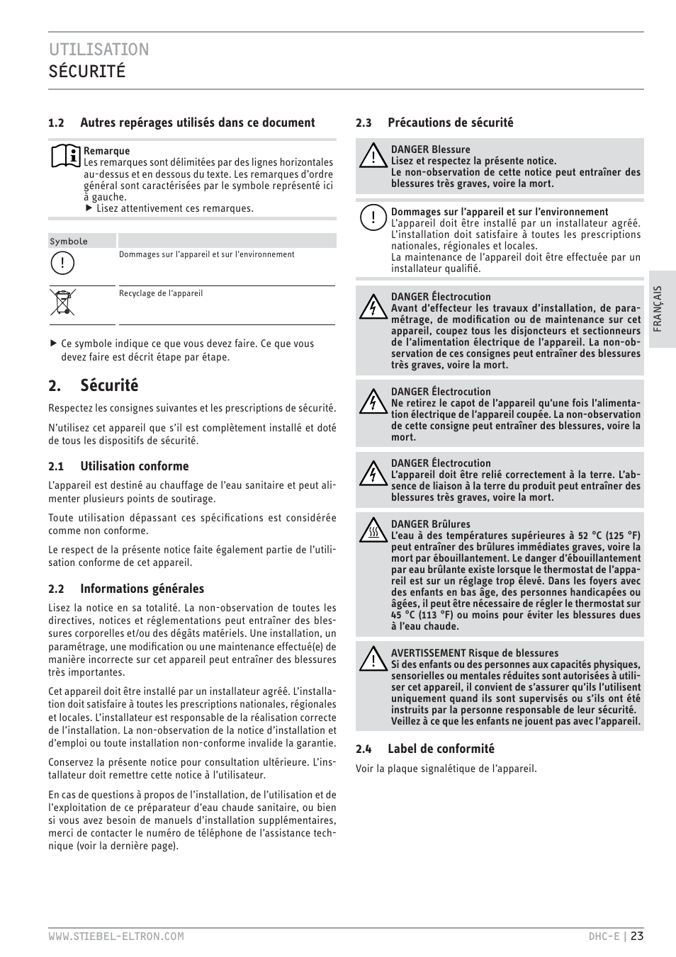 Utilisation sécurité, Sécurité | STIEBEL ELTRON DHC-E 12 User Manual | Page 23 / 32