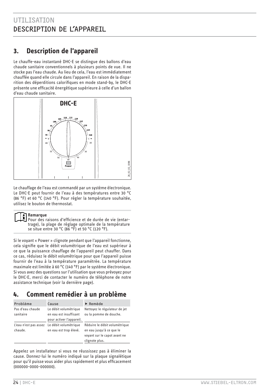 Utilisation description de l’appareil, Description de l’appareil, Comment remédier à un problème | STIEBEL ELTRON DHC-E 12 User Manual | Page 24 / 32