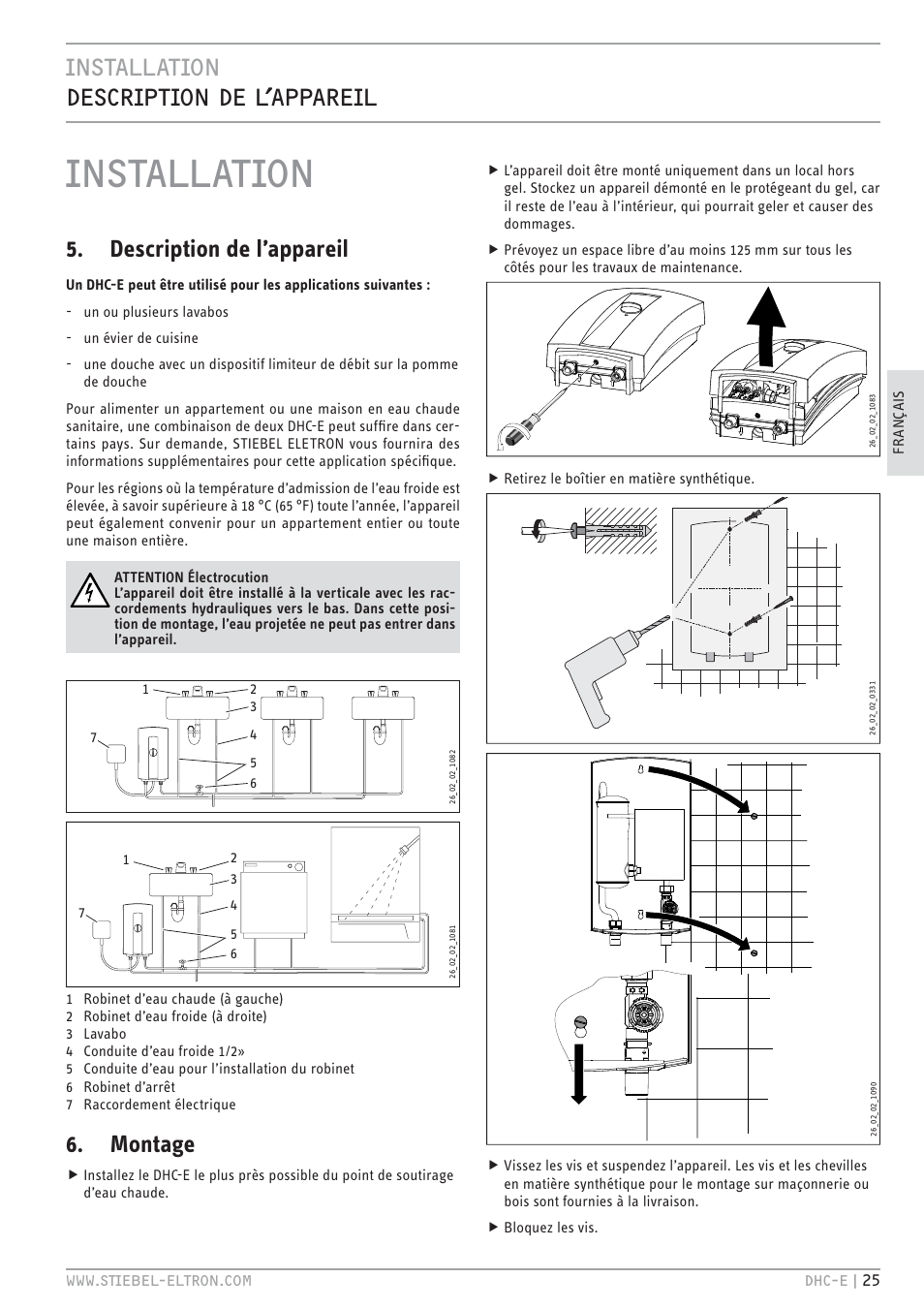 Installation, Installation description de l’appareil, Description de l’appareil | Montage | STIEBEL ELTRON DHC-E 12 User Manual | Page 25 / 32