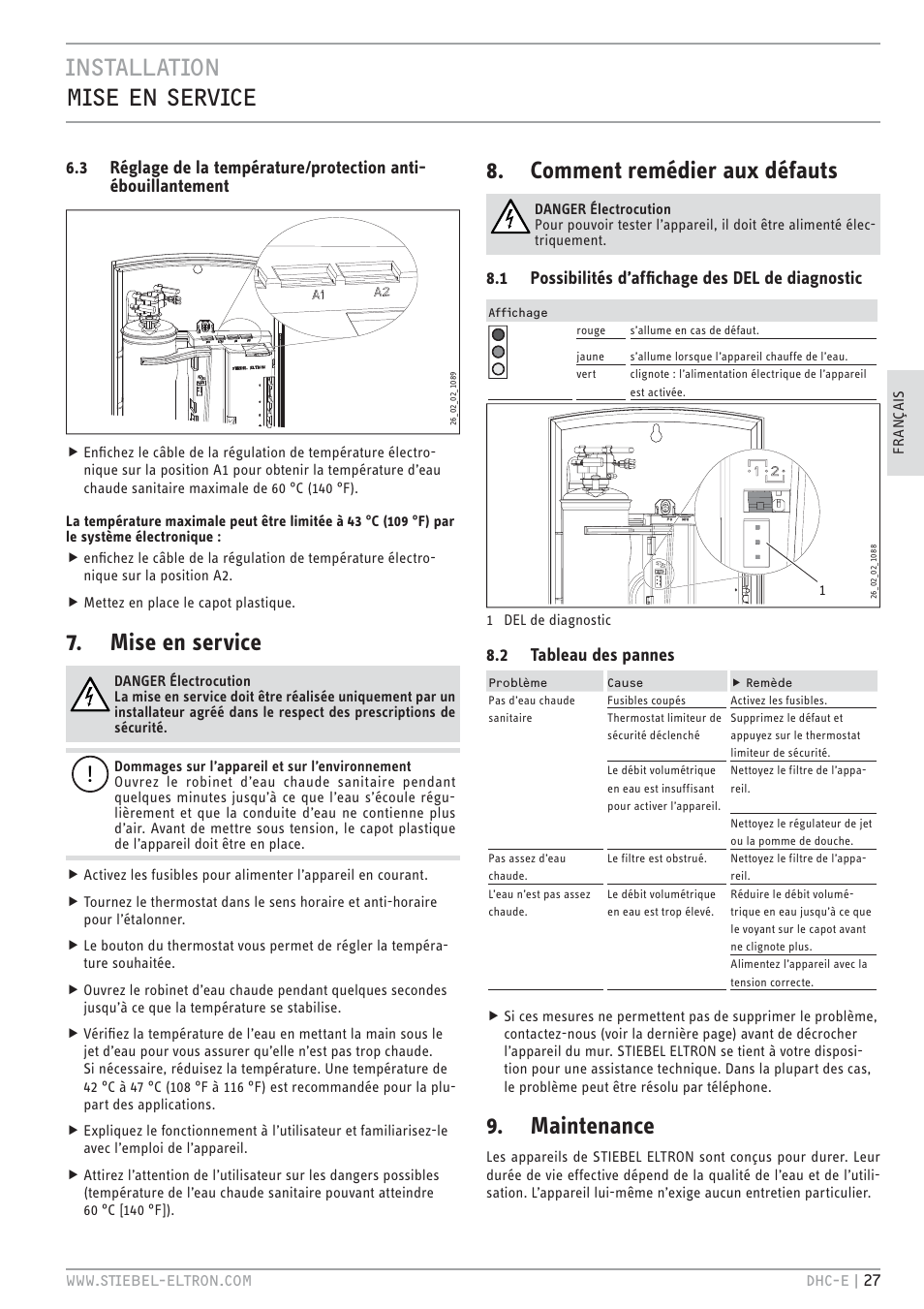 Installation mise en service, Mise en service, Comment remédier aux défauts | Maintenance, 1 possibilités d’afﬁ chage des del de diagnostic, 2 tableau des pannes | STIEBEL ELTRON DHC-E 12 User Manual | Page 27 / 32