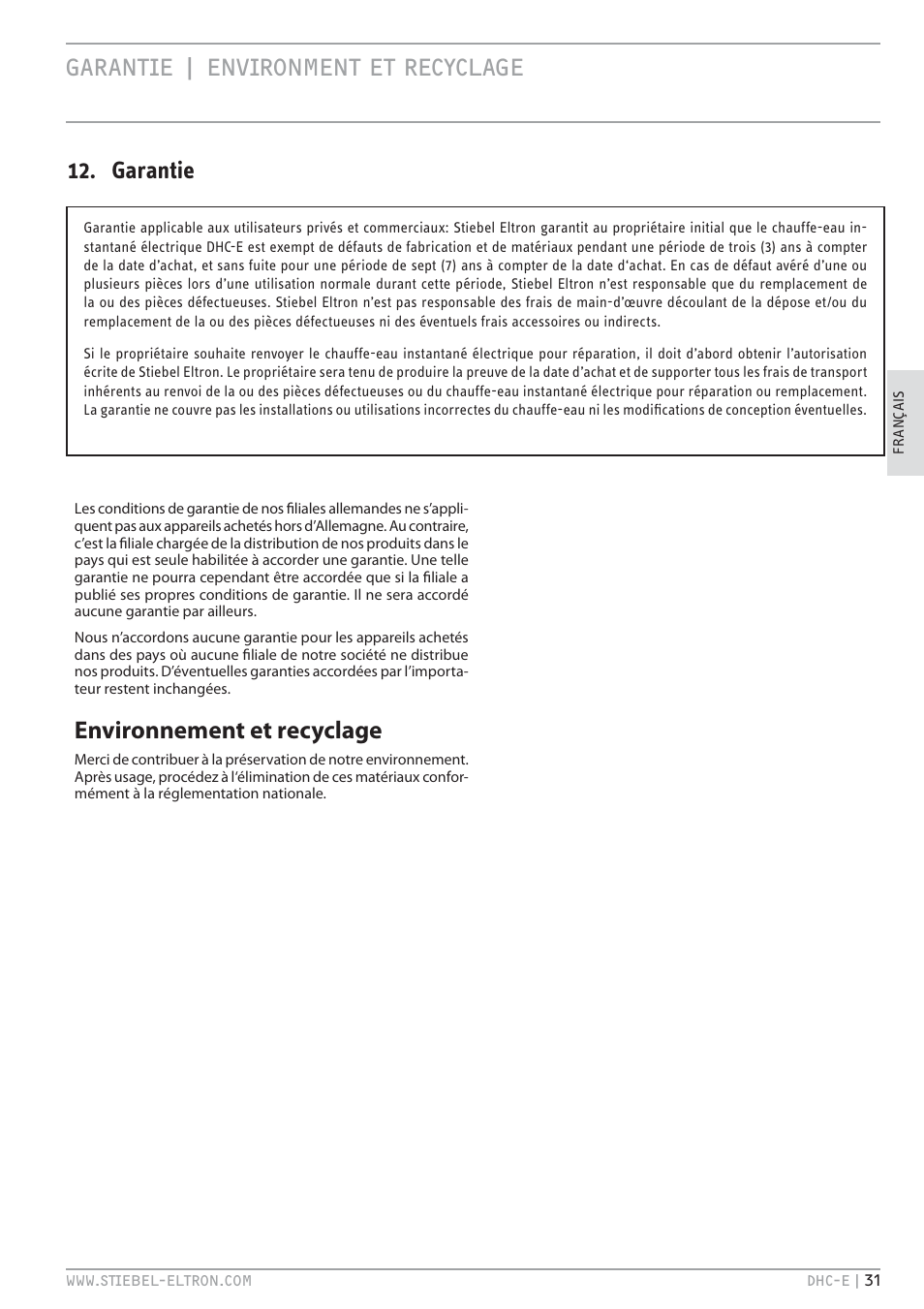 Garantie | environment et recyclage, Environnement et recyclage, Garantie | STIEBEL ELTRON DHC-E 12 User Manual | Page 31 / 32