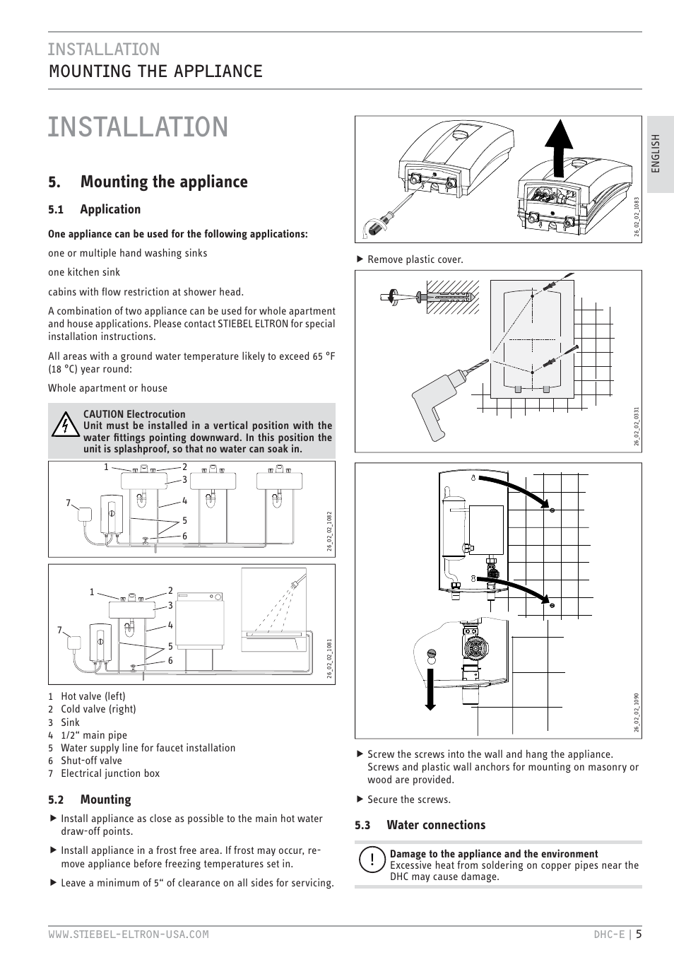 Installation, Installation mounting the appliance, Mounting the appliance | 1 application, 2 mounting, 3 water connections | STIEBEL ELTRON DHC-E 12 User Manual | Page 5 / 32