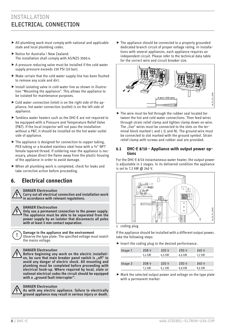 Installation electrical connection, Electrical connection | STIEBEL ELTRON DHC-E 12 User Manual | Page 6 / 32