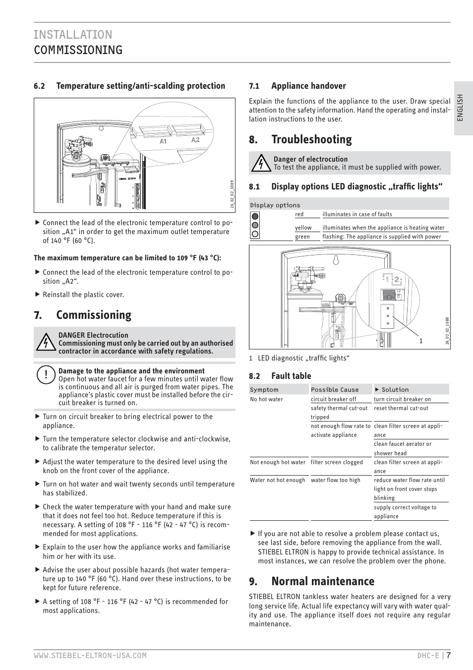 Installation commissioning, Commissioning, Troubleshooting | Normal maintenance | STIEBEL ELTRON DHC-E 12 User Manual | Page 7 / 32