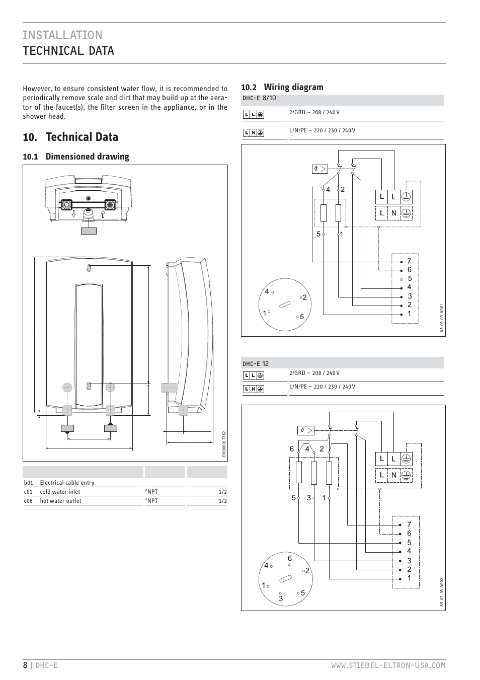 Installation technical data, Technical data, 1 dimensioned drawing | 2 wiring diagram | STIEBEL ELTRON DHC-E 12 User Manual | Page 8 / 32