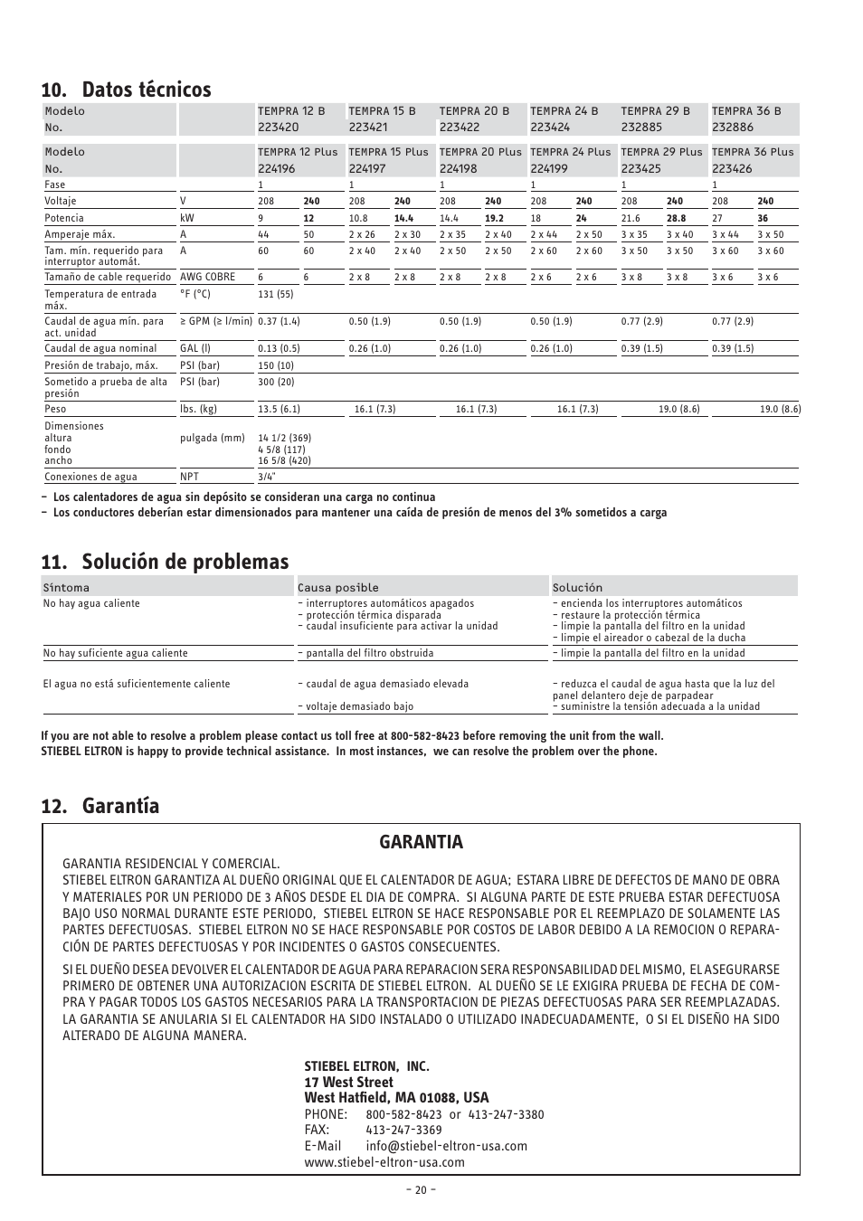 Solución de problemas, Datos técnicos, Garantía | Garantia | STIEBEL ELTRON TEMPRA 12 B User Manual | Page 20 / 32