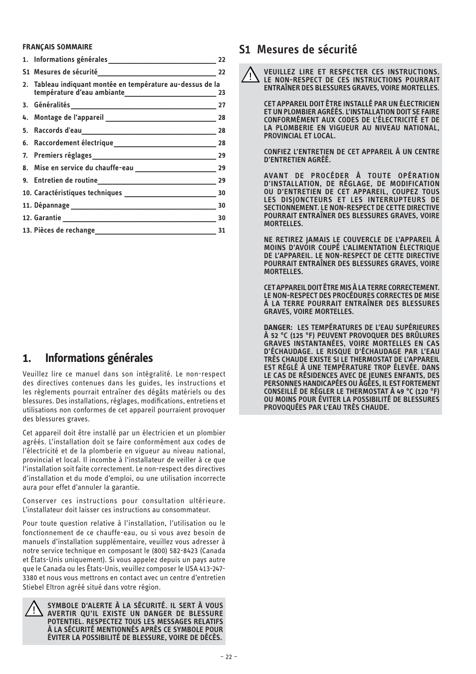 Informations générales, S1 mesures de sécurité | STIEBEL ELTRON TEMPRA 12 B User Manual | Page 22 / 32