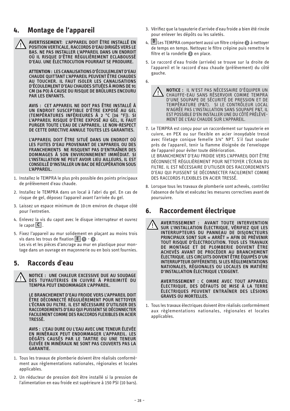 Montage de l‘appareil, Raccords d'eau, Raccordement électrique | STIEBEL ELTRON TEMPRA 12 B User Manual | Page 28 / 32
