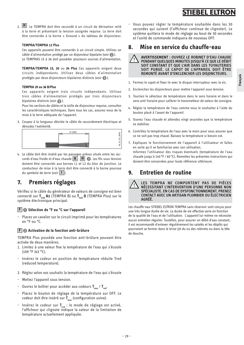 Premiers réglages, Mise en service du chauffe-eau, Entretien de routine | STIEBEL ELTRON TEMPRA 12 B User Manual | Page 29 / 32