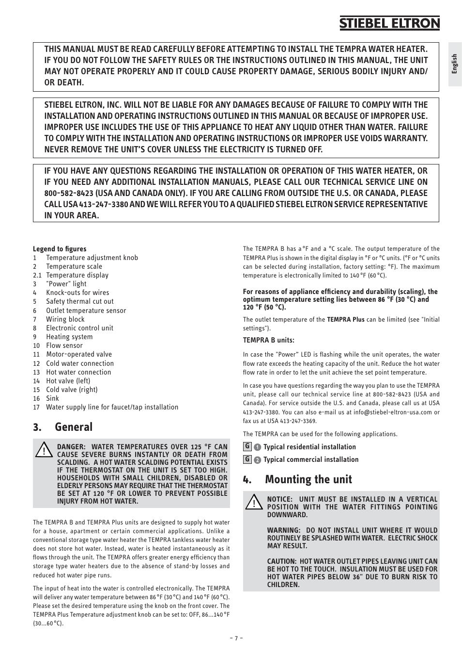 General, Mounting the unit | STIEBEL ELTRON TEMPRA 12 B User Manual | Page 7 / 32