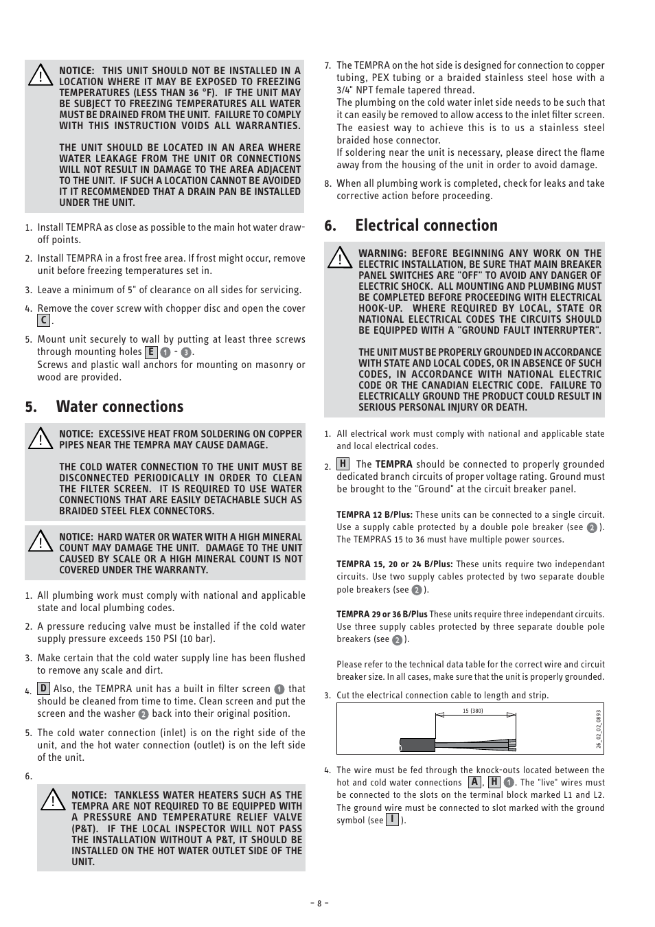 Water connections, Electrical connection | STIEBEL ELTRON TEMPRA 12 B User Manual | Page 8 / 32