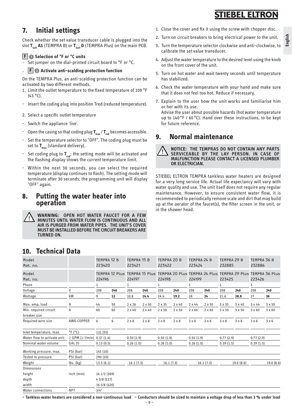Technical data, Initial settings, Putting the water heater into operation | Normal maintenance | STIEBEL ELTRON TEMPRA 12 B User Manual | Page 9 / 32