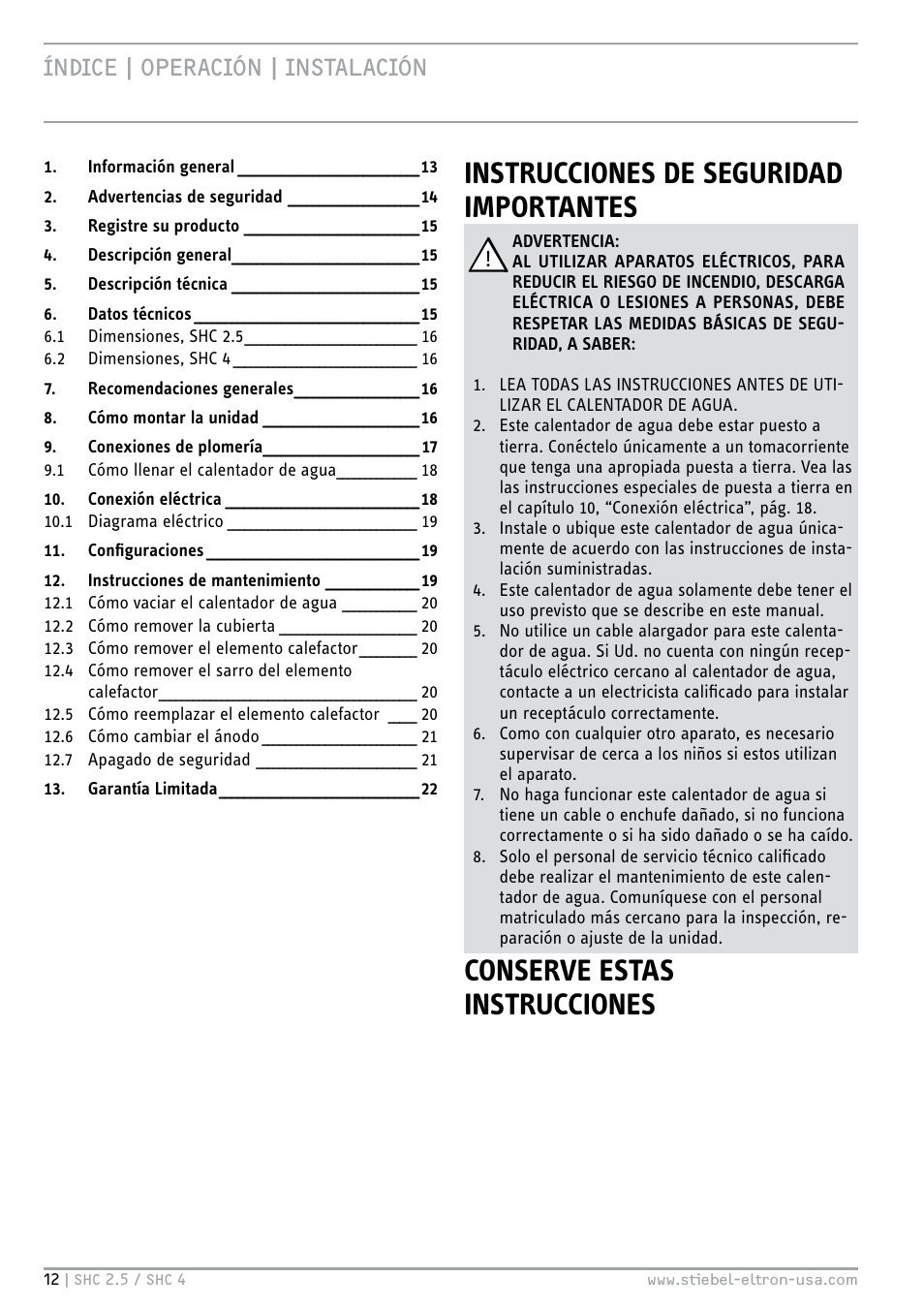 Instrucciones de seguridad importantes, Conserve estas instrucciones, Índice | operación | instalación | STIEBEL ELTRON SHC 4 User Manual | Page 12 / 36