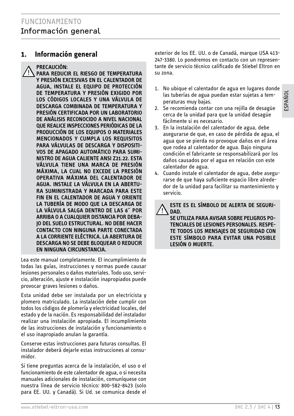 Funcionamiento información general, Información general | STIEBEL ELTRON SHC 4 User Manual | Page 13 / 36