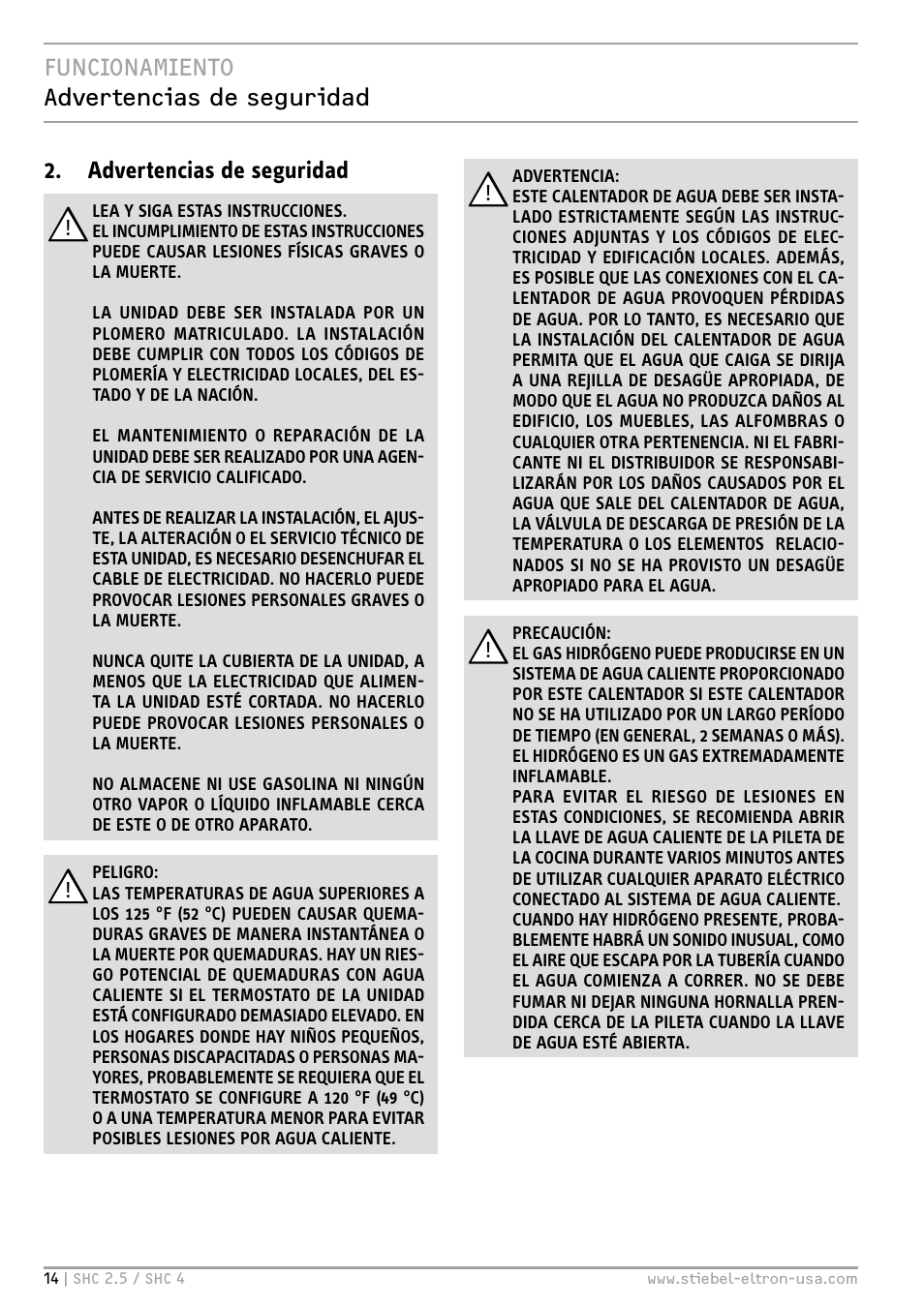 Funcionamiento advertencias de seguridad, Advertencias de seguridad | STIEBEL ELTRON SHC 4 User Manual | Page 14 / 36
