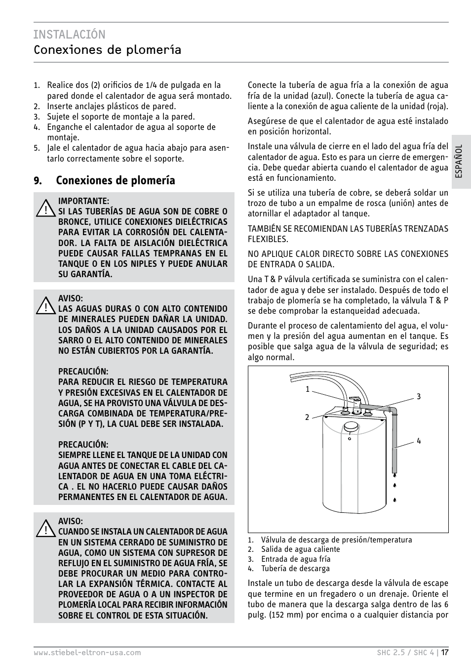 Instalación conexiones de plomería, Conexiones de plomería | STIEBEL ELTRON SHC 4 User Manual | Page 17 / 36