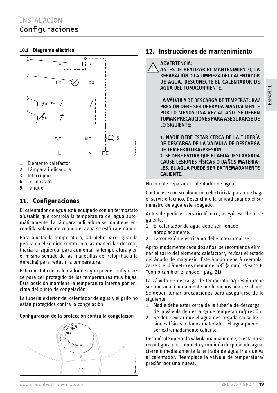 Instalación configuraciones, Configuraciones, Instrucciones de mantenimiento | STIEBEL ELTRON SHC 4 User Manual | Page 19 / 36