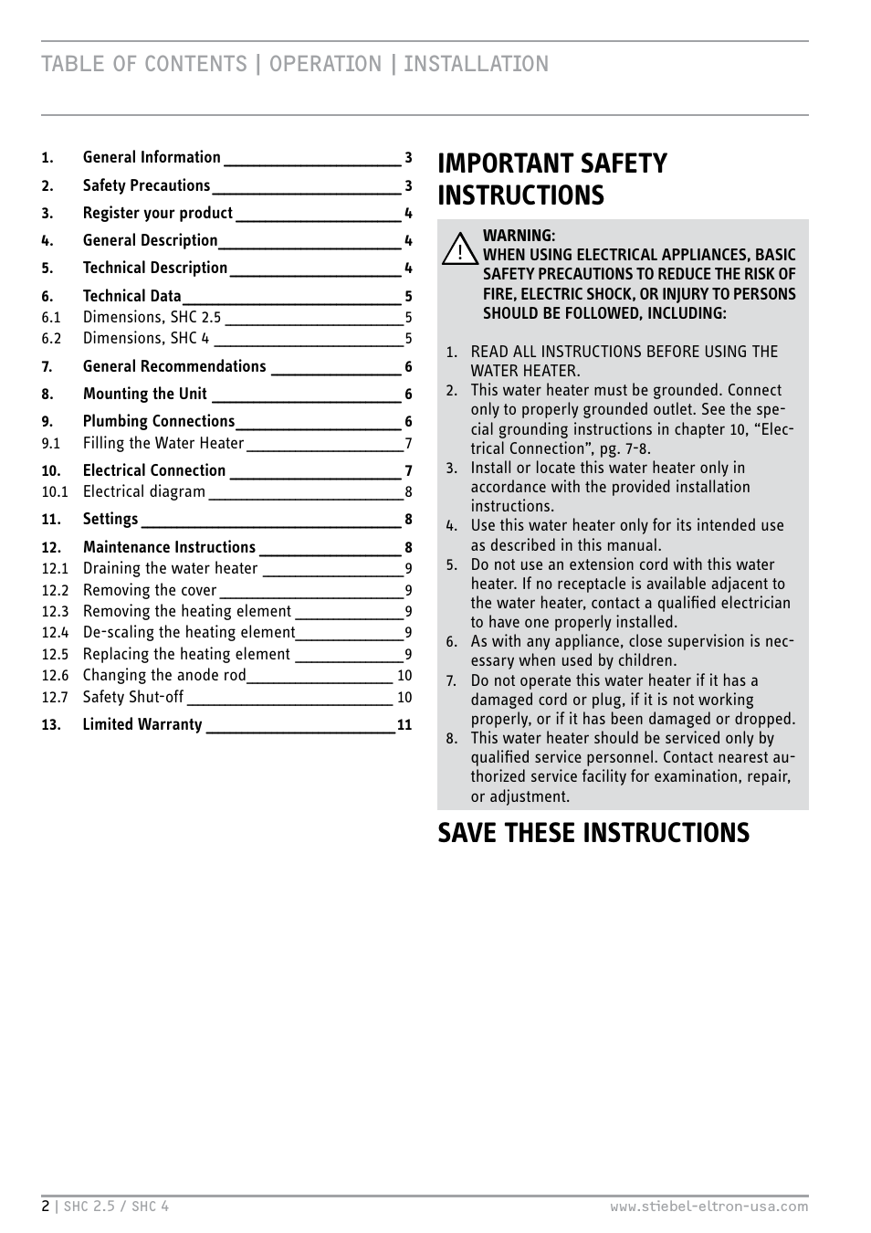 Important safety instructions, Save these instructions, Table of contents | operation | installation | STIEBEL ELTRON SHC 4 User Manual | Page 2 / 36