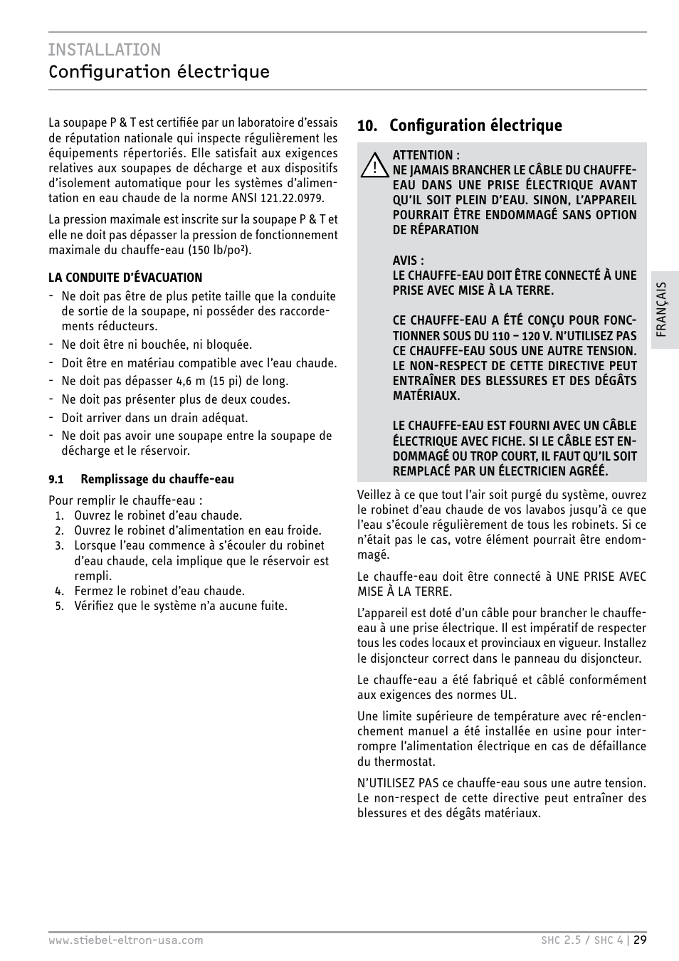 Installation configuration électrique, Configuration électrique | STIEBEL ELTRON SHC 4 User Manual | Page 29 / 36