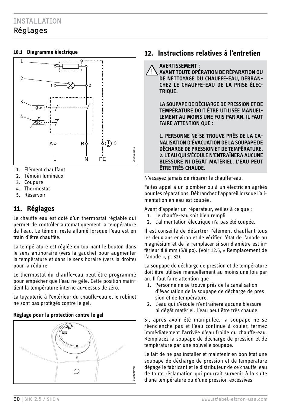 Installation réglages, Réglages, Instructions relatives à l’entretien | STIEBEL ELTRON SHC 4 User Manual | Page 30 / 36