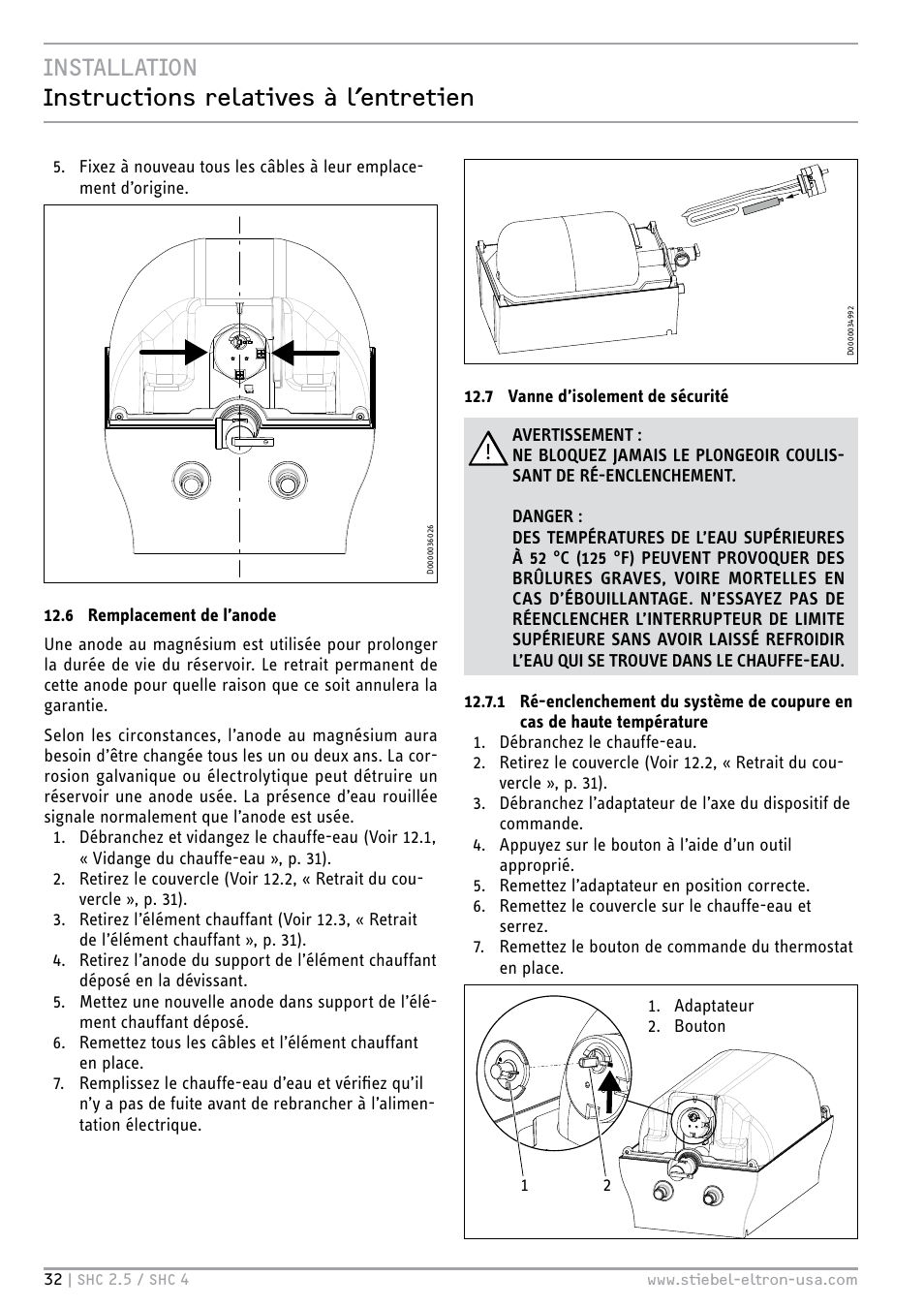 Installation instructions relatives à l’entretien | STIEBEL ELTRON SHC 4 User Manual | Page 32 / 36