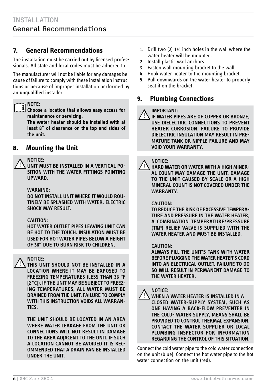 Mounting the unit, Plumbing connections | STIEBEL ELTRON SHC 4 User Manual | Page 6 / 36