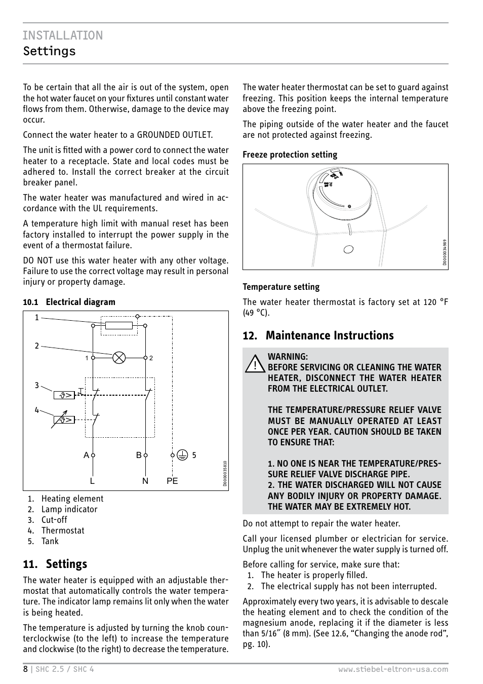 Installation settings, Settings, Maintenance instructions | STIEBEL ELTRON SHC 4 User Manual | Page 8 / 36