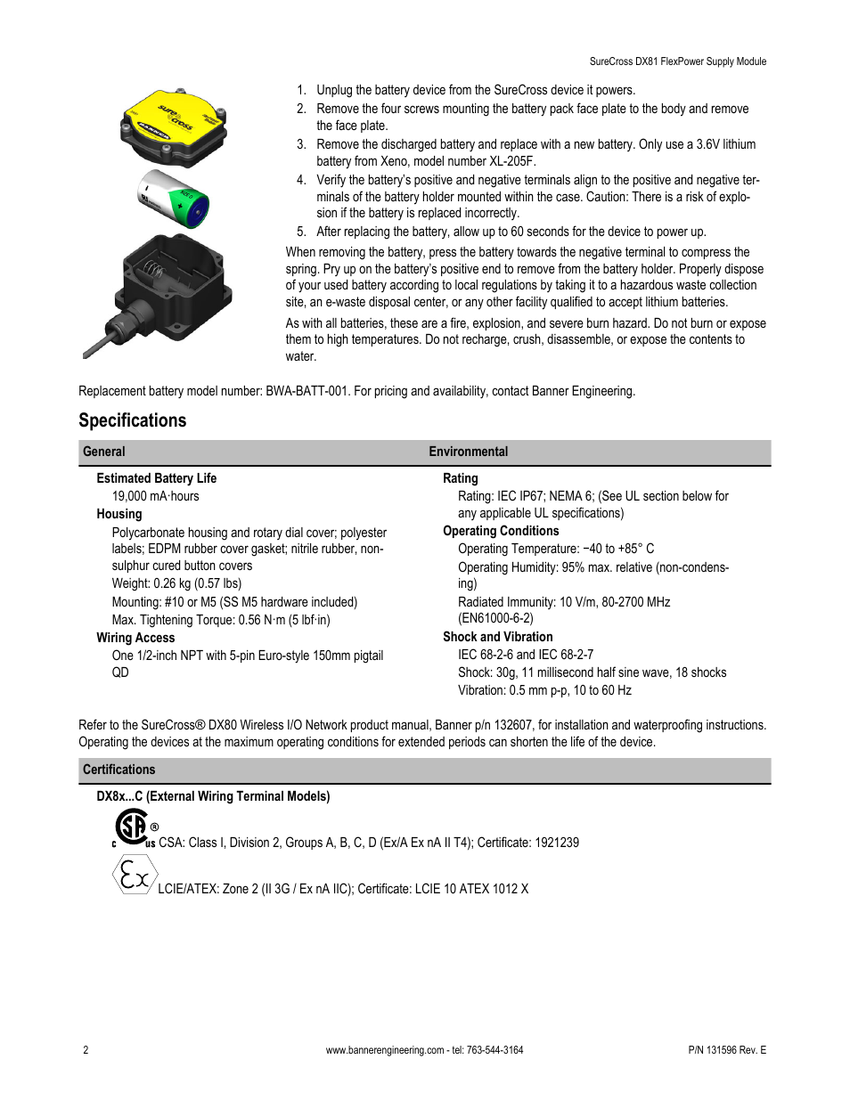 Specifications | Banner SureCross DX81 User Manual | Page 2 / 3