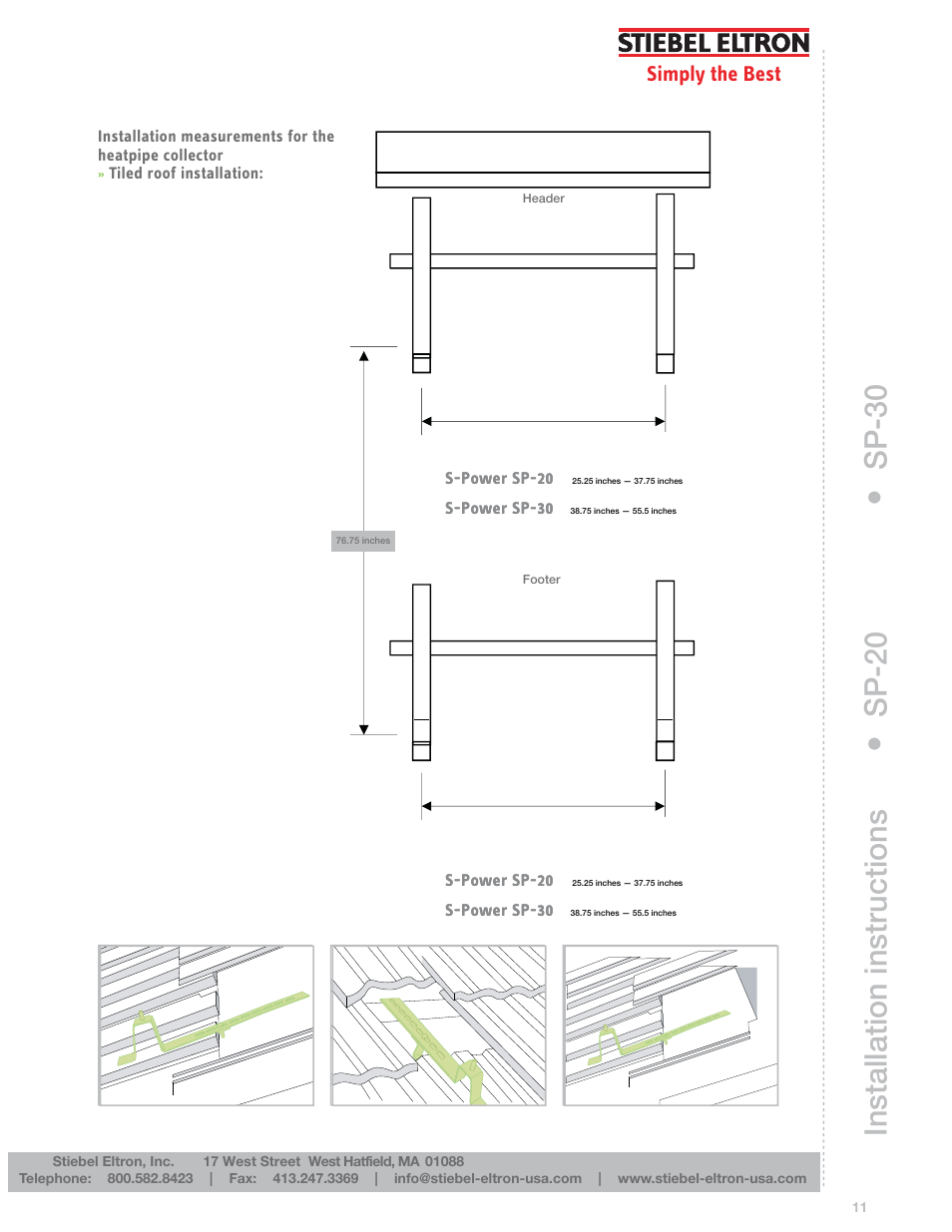 Installation instructions, Sp-20, Sp-30 | Simply the best | STIEBEL ELTRON S-Power PERFORMANCE SERIES Heat Pipe Collectors User Manual | Page 11 / 16