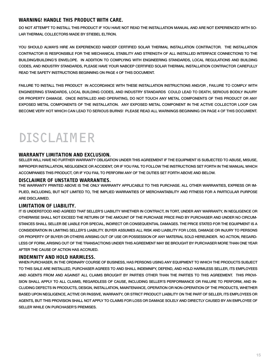 Disclaimer | STIEBEL ELTRON S-Power PERFORMANCE SERIES Heat Pipe Collectors User Manual | Page 15 / 16