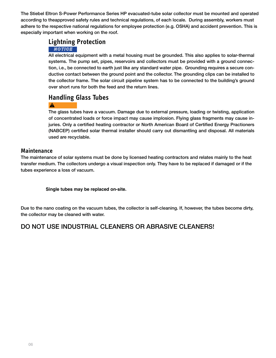 Lightning protection, Handling glass tubes, Maintenance | STIEBEL ELTRON S-Power PERFORMANCE SERIES Heat Pipe Collectors User Manual | Page 6 / 16