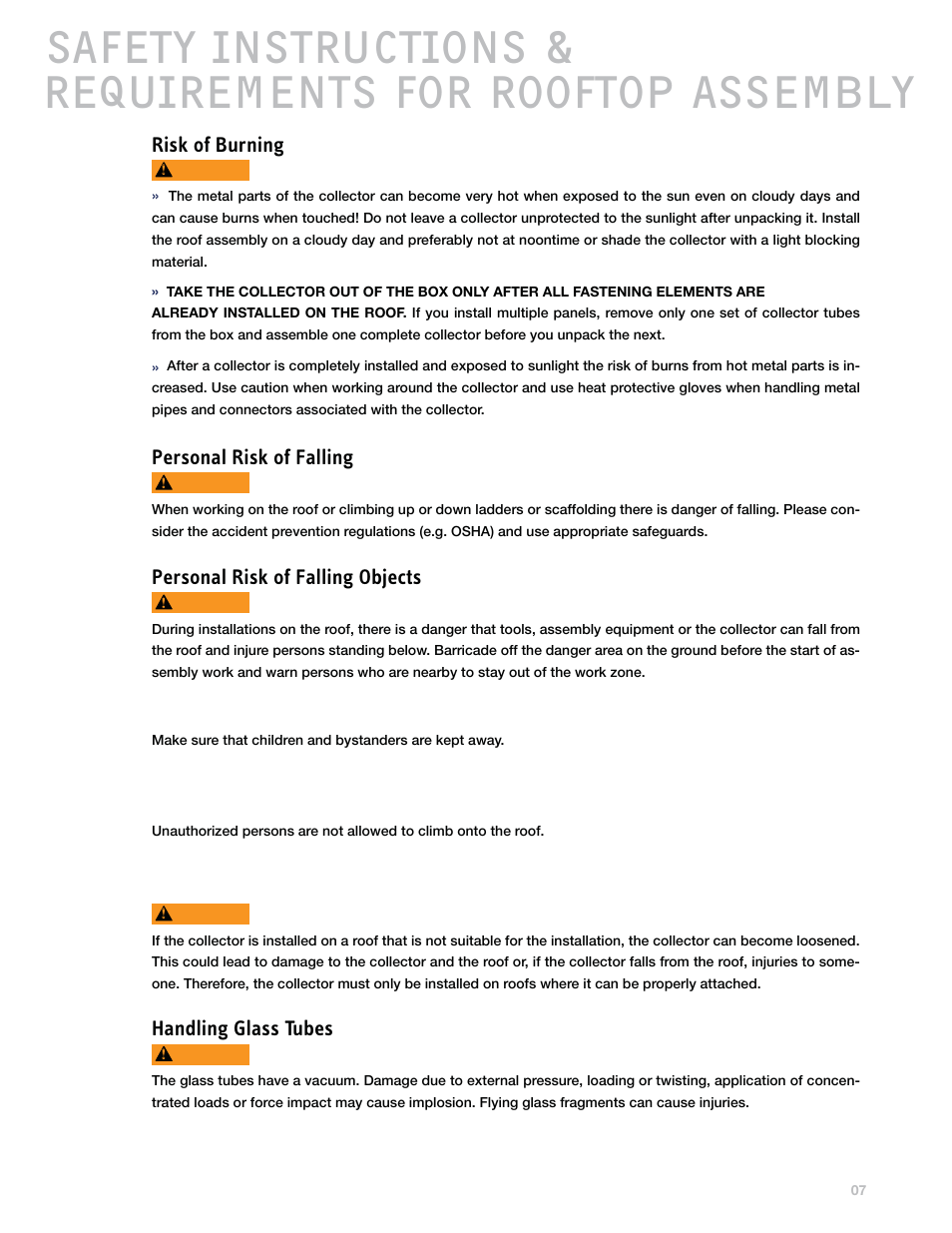 Risk of burning, Personal risk of falling, Personal risk of falling objects | Handling glass tubes | STIEBEL ELTRON S-Power PERFORMANCE SERIES Heat Pipe Collectors User Manual | Page 7 / 16
