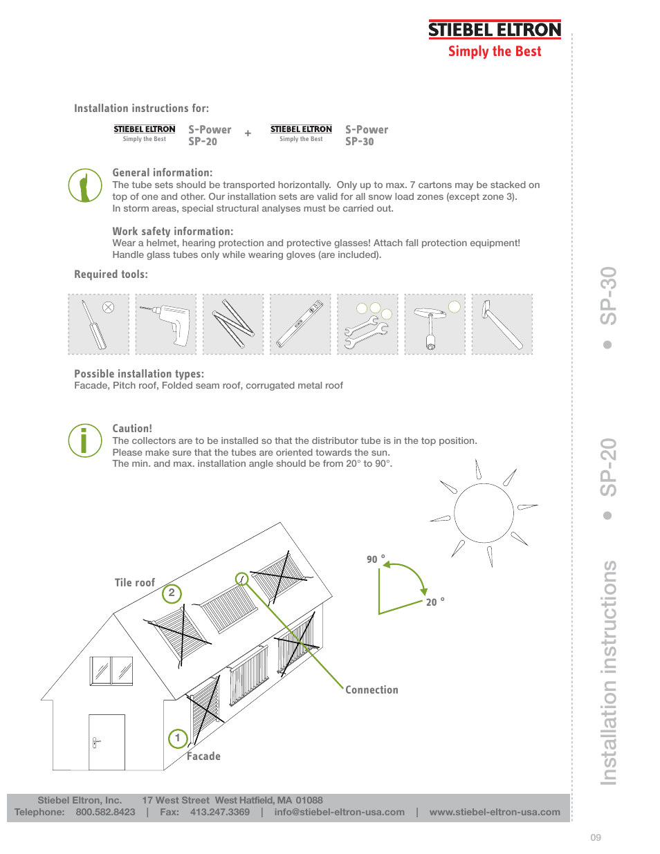 Installation instructions, Sp-20, Sp-30 | STIEBEL ELTRON S-Power PERFORMANCE SERIES Heat Pipe Collectors User Manual | Page 9 / 16