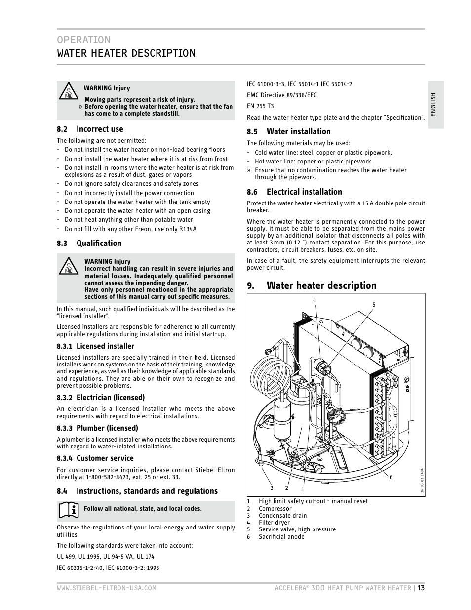 Operation water heater description, Water heater description | STIEBEL ELTRON Accelera 300 User Manual | Page 13 / 81