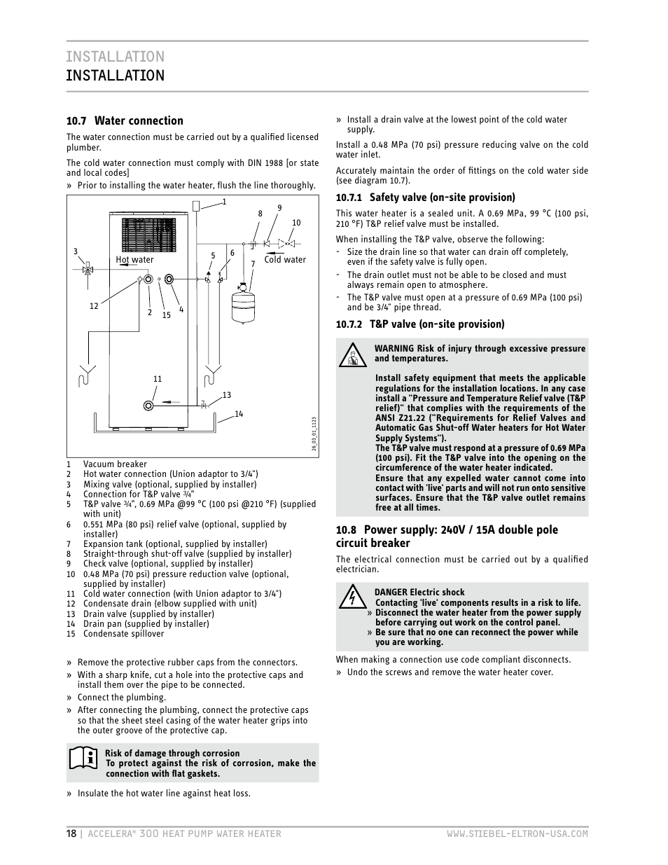 Installation installation, 7 water connection | STIEBEL ELTRON Accelera 300 User Manual | Page 18 / 81