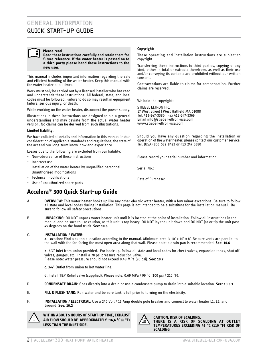 General information, General information quick start-up guide, Accelera | 300 quick start-up guide | STIEBEL ELTRON Accelera 300 User Manual | Page 2 / 81