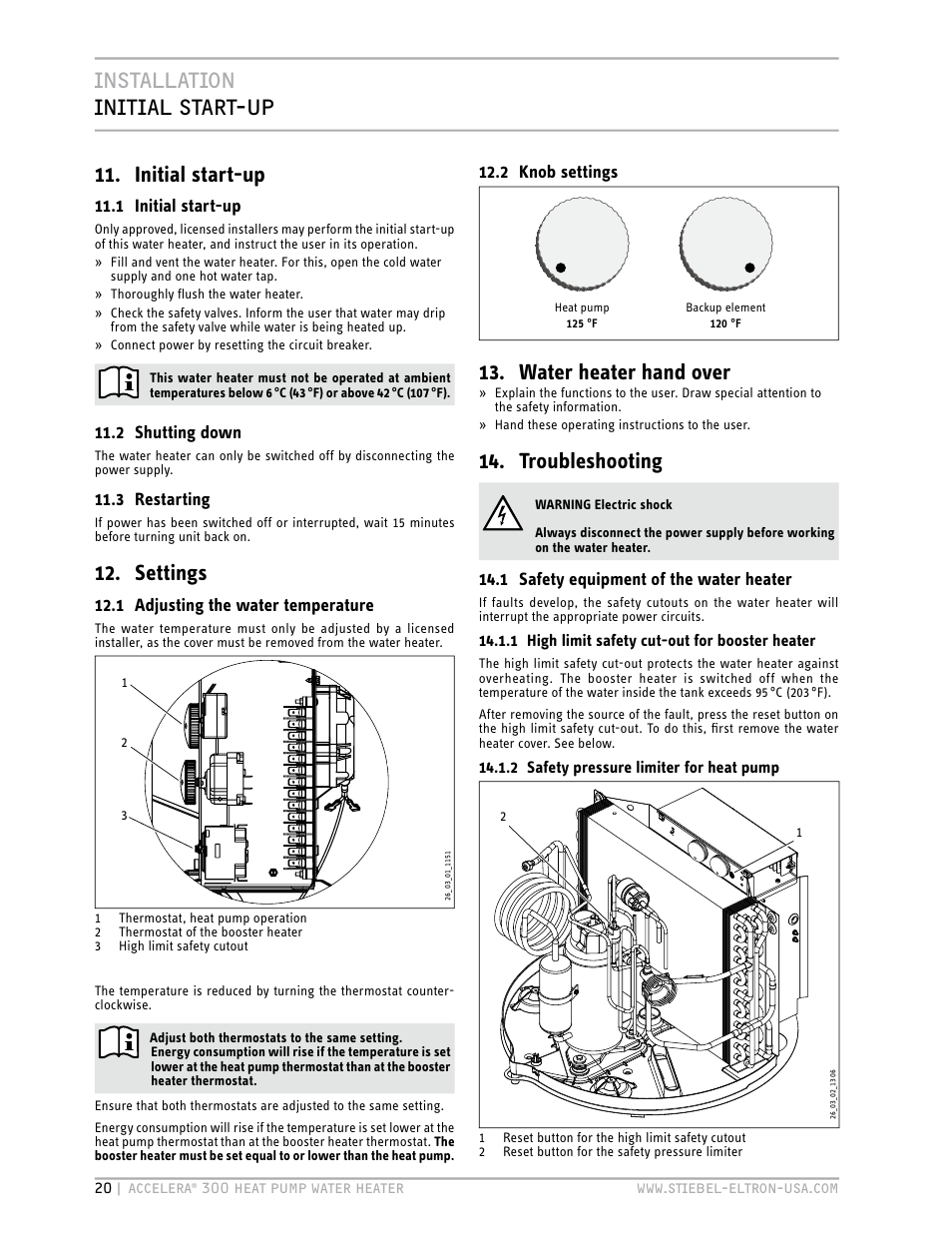 Installation initial start-up 11. initial start-up, Settings, Water heater hand over | Troubleshooting | STIEBEL ELTRON Accelera 300 User Manual | Page 20 / 81