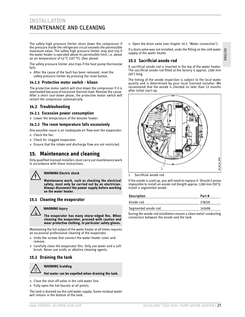 Installation maintenance and cleaning, Maintenance and cleaning | STIEBEL ELTRON Accelera 300 User Manual | Page 21 / 81