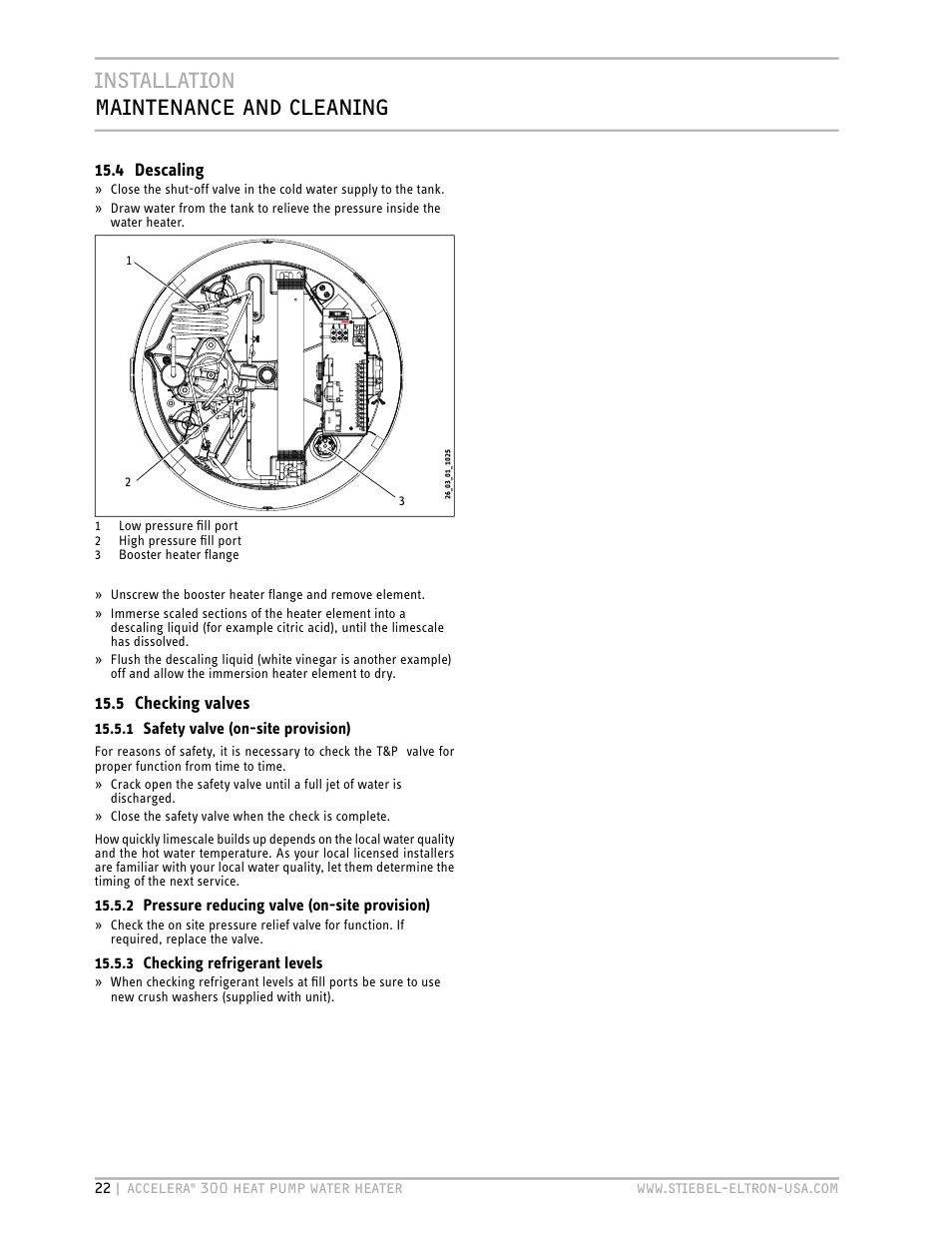 Installation maintenance and cleaning, 4 descaling, 5 checking valves | STIEBEL ELTRON Accelera 300 User Manual | Page 22 / 81