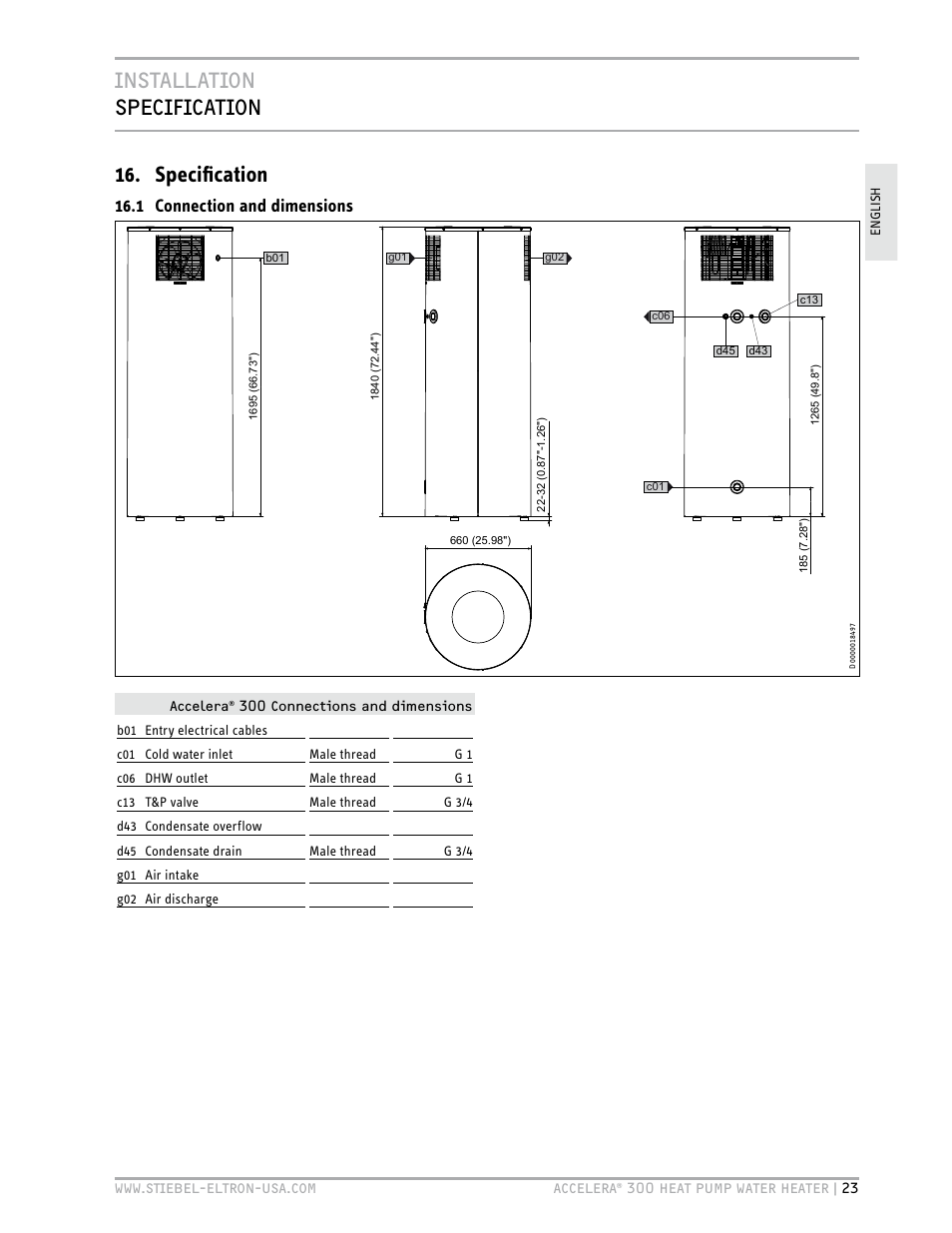 Installation specification 16. specification, 1 connection and dimensions | STIEBEL ELTRON Accelera 300 User Manual | Page 23 / 81