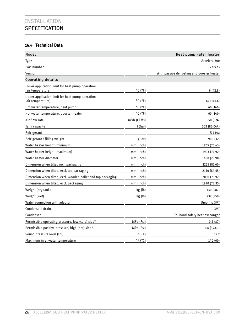 Installation specification, 4 technical data | STIEBEL ELTRON Accelera 300 User Manual | Page 26 / 81