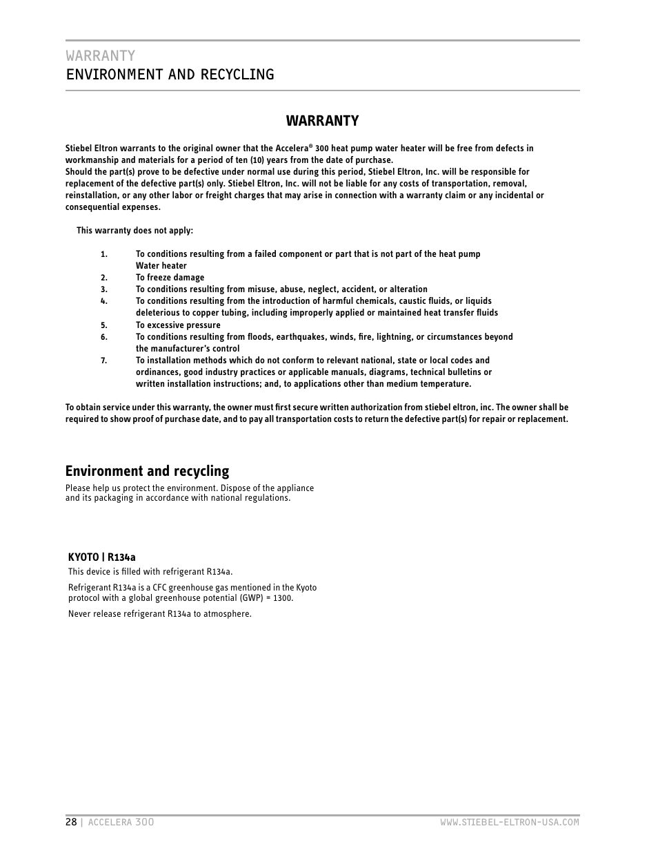 Warranty environment and recycling, Environment and recycling, Warranty | STIEBEL ELTRON Accelera 300 User Manual | Page 28 / 81