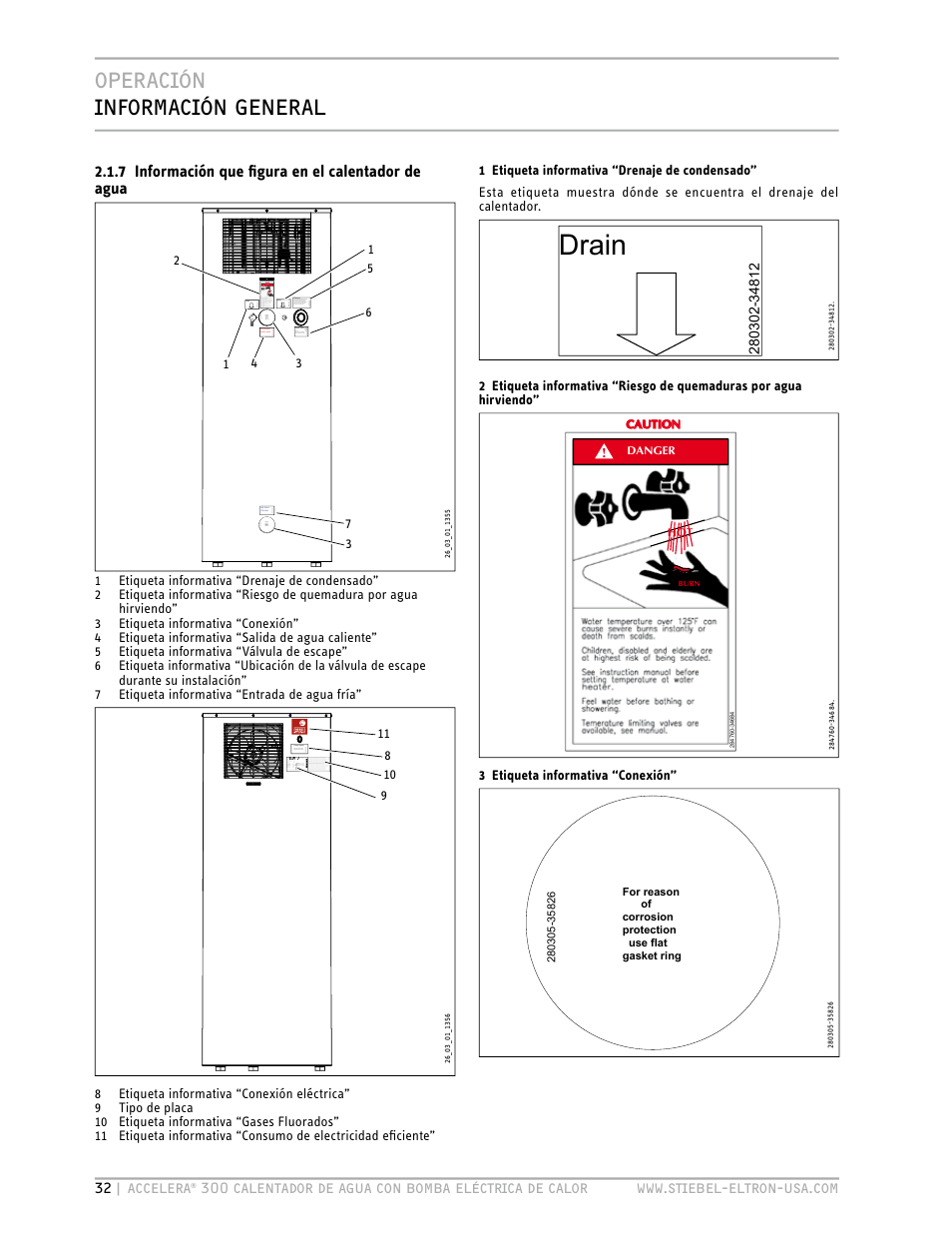 Drain, Operación información general, 7 información que figura en el calentador de agua | STIEBEL ELTRON Accelera 300 User Manual | Page 34 / 81