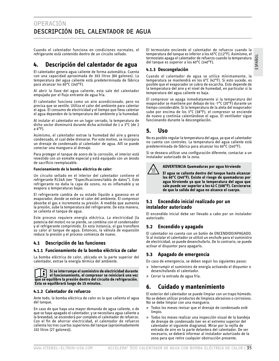 Operación descripción del calentador de agua, Descripción del calentador de agua, Cuidado y mantenimiento | STIEBEL ELTRON Accelera 300 User Manual | Page 37 / 81