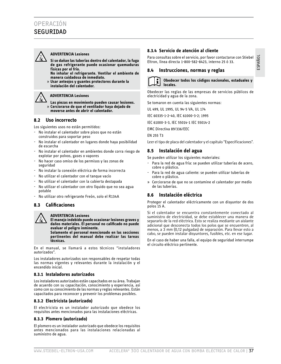 Operación seguridad | STIEBEL ELTRON Accelera 300 User Manual | Page 39 / 81
