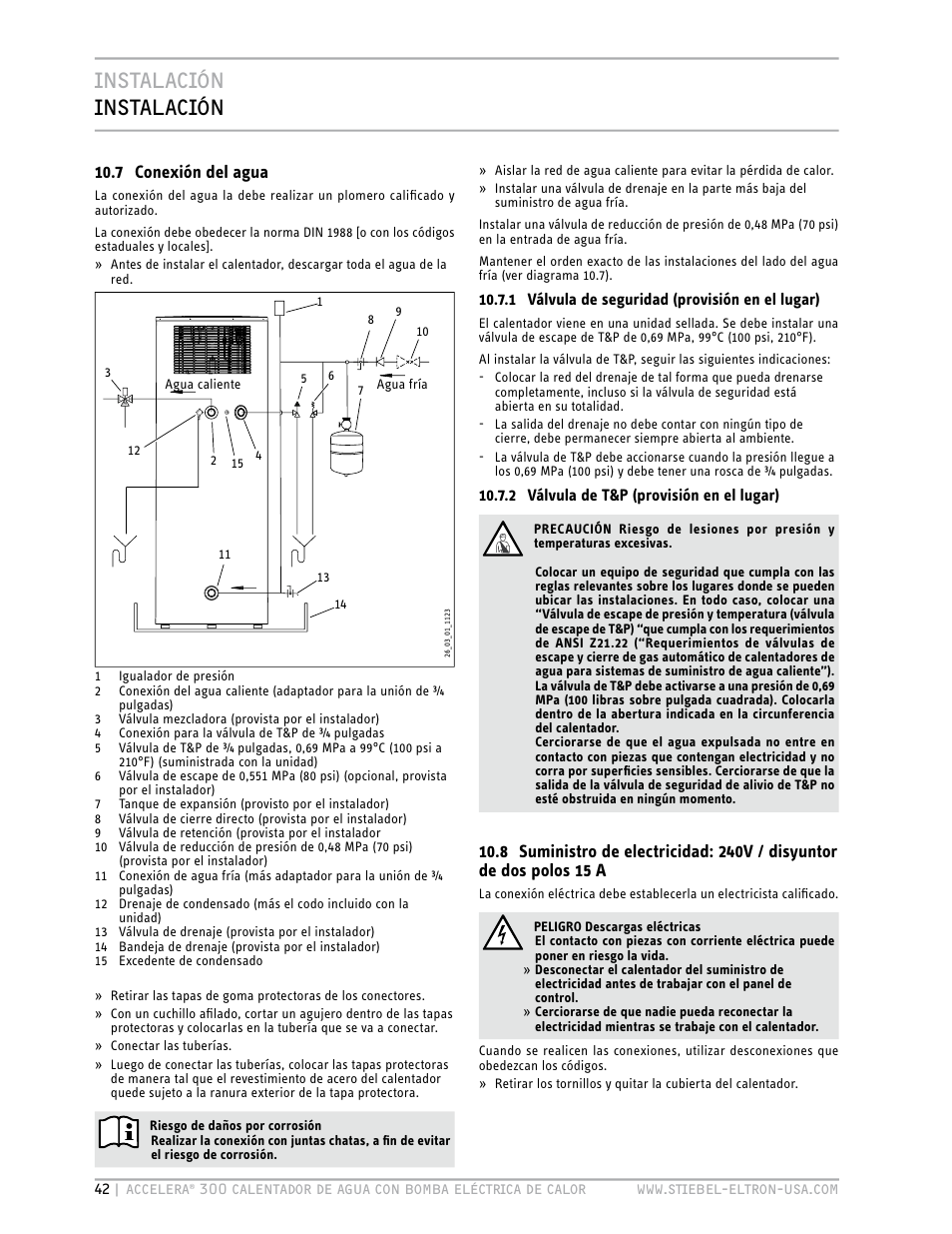 Instalación instalación, 7 conexión del agua | STIEBEL ELTRON Accelera 300 User Manual | Page 44 / 81