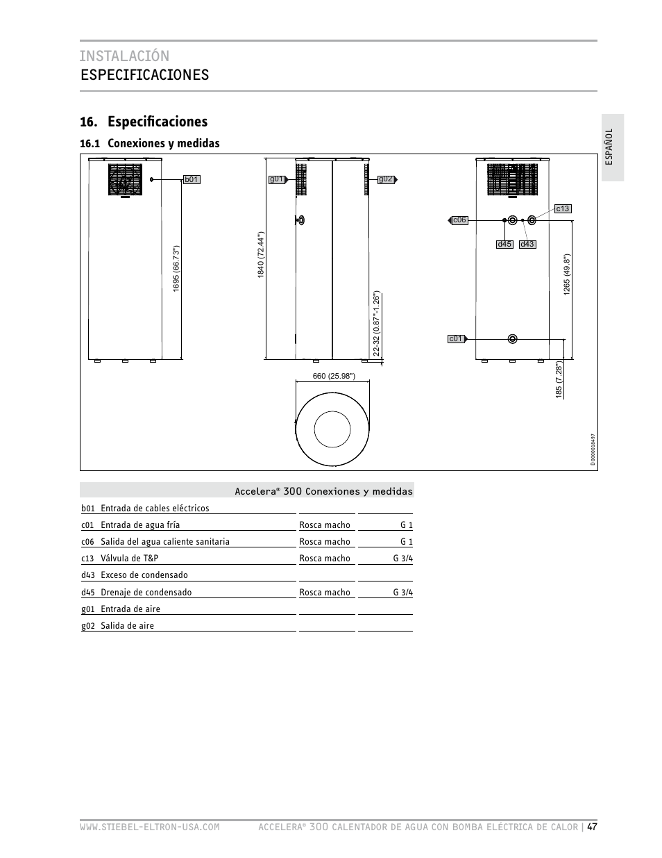 Instalación especificaciones 16. especificaciones, 1 conexiones y medidas | STIEBEL ELTRON Accelera 300 User Manual | Page 49 / 81