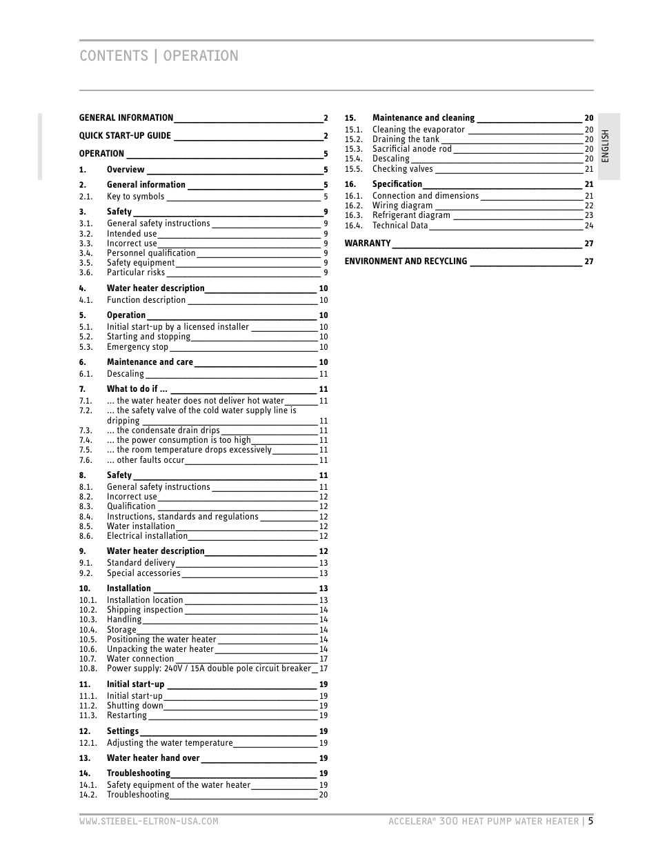 Contents | operation | STIEBEL ELTRON Accelera 300 User Manual | Page 5 / 81
