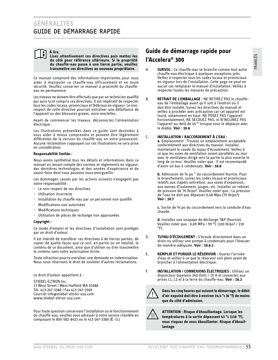 General information, Généralités guide de démarrage rapide, Guide de démarrage rapide pour l’accelera | STIEBEL ELTRON Accelera 300 User Manual | Page 55 / 81